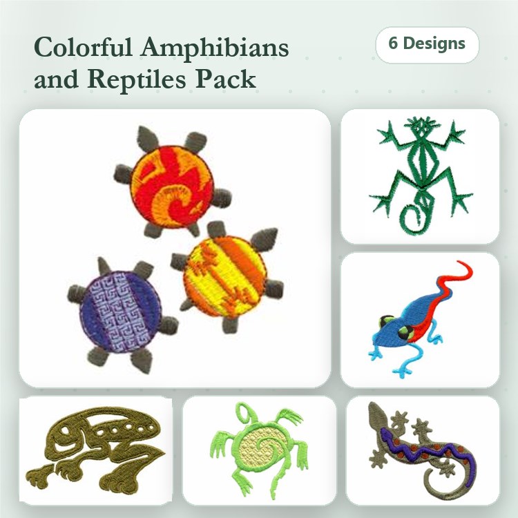 Amphibians & Reptiles Embroidery Bundle – Colorful Turtle, Green Gecko, Blue Frog & More (6 Designs)