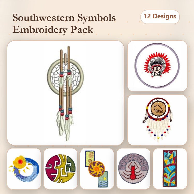 Southwestern Symbols Embroidery Designs Bundle – Dreamcatcher, Native American Chief, Bear Paw & More (12 Designs)
