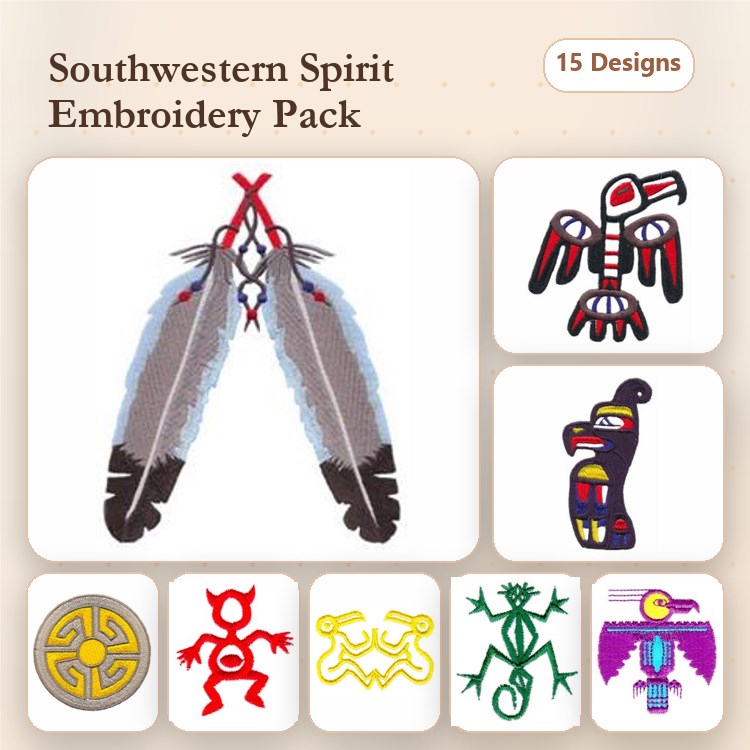 Southwestern Spirit Embroidery Designs Bundle – Feather Dreamcatcher, Eagle Totem, Kachina Doll & More (15 Designs)