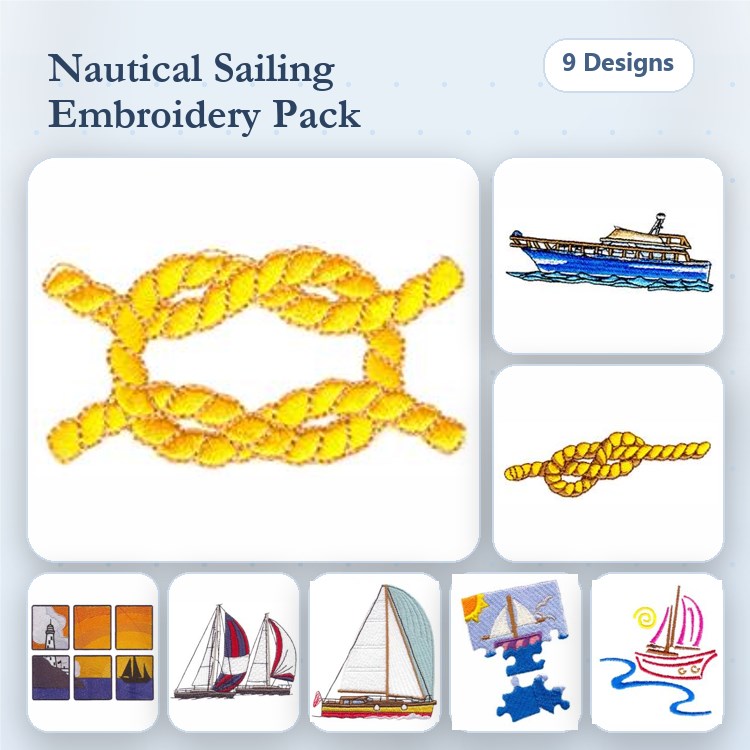 Nautical Embroidery Designs Bundle – Sailboat, Fishing Boat, Nautical Knot & More (9 Designs)
