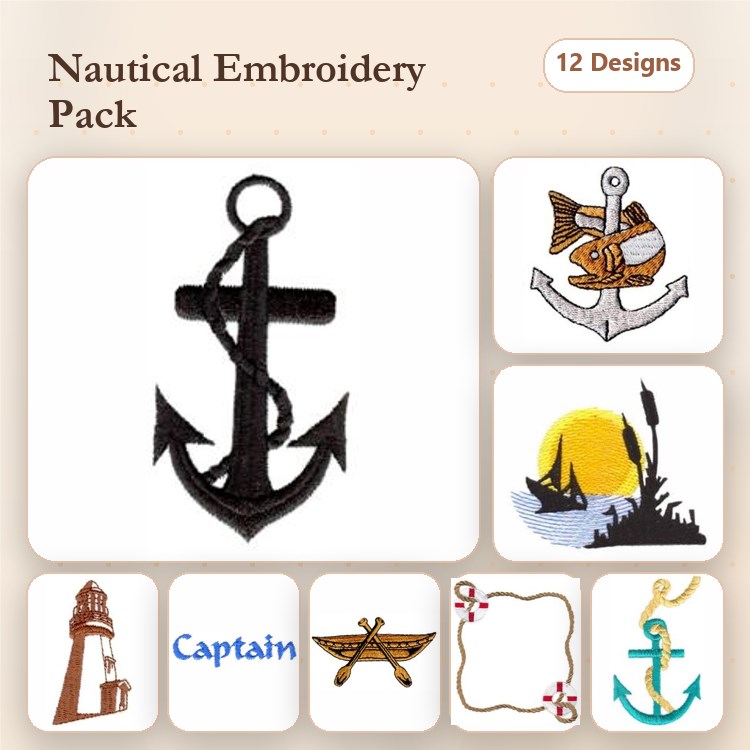 Nautical Embroidery Designs Bundle – Anchor, Lighthouse, Fishing Hook & More (12 Designs)