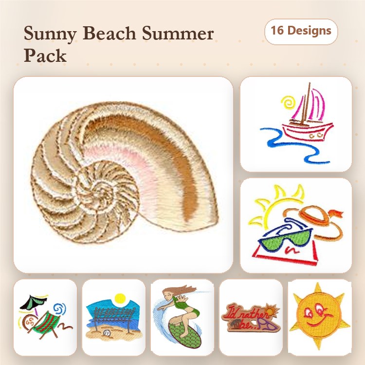 Beach and Summer Embroidery Designs Bundle – Nautilus Shell, Sailboat, Sunglasses & More (16 Designs)