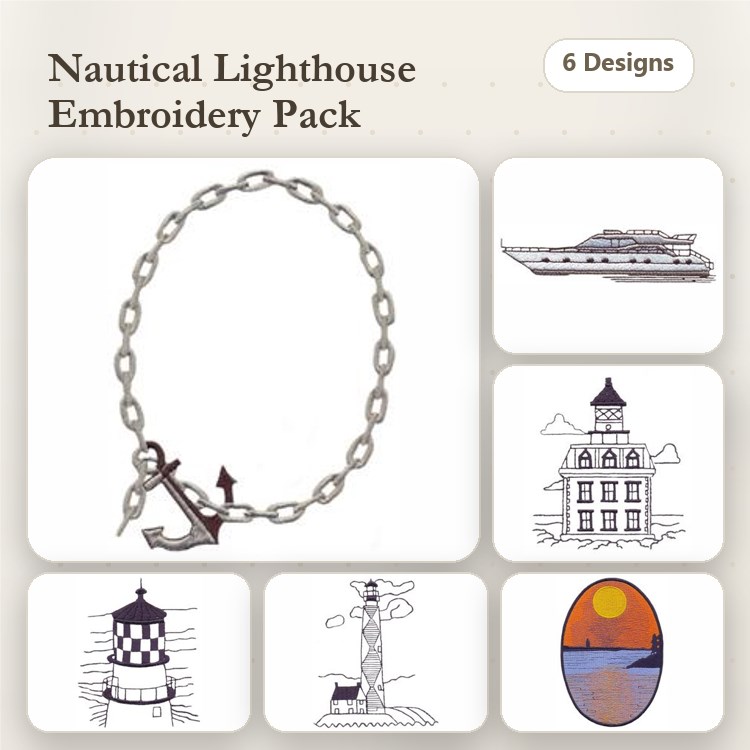 Nautical Embroidery Designs Bundle – Lighthouses, Sailboat, Anchor & More (6 Designs)