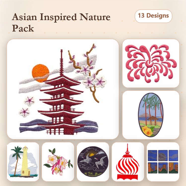 Asian Nature Embroidery Designs Bundle – Pagoda with Cherry Blossoms, Lotus Flower, Koi Fish & More (13 Designs)