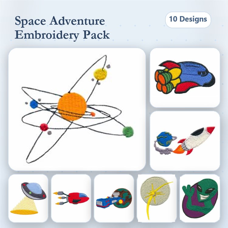 Space Adventure Embroidery Bundle – Planetary System, Rocket Ship, Alien Character & More (10 Designs)