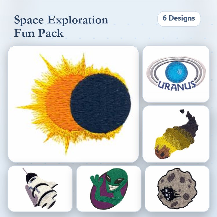 Space Exploration Embroidery Designs Bundle – Solar Eclipse, Uranus, Space Shuttle & More (6 Designs)