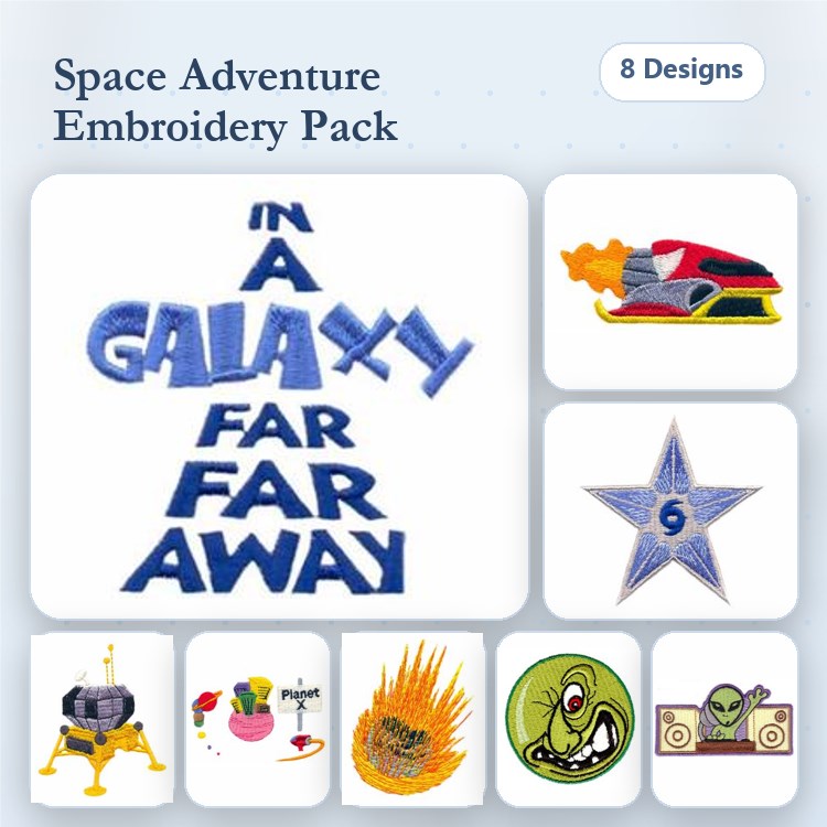 Space Adventure Embroidery Designs Bundle – Rocket Ship, Alien Face, Star Design & More (8 Designs)