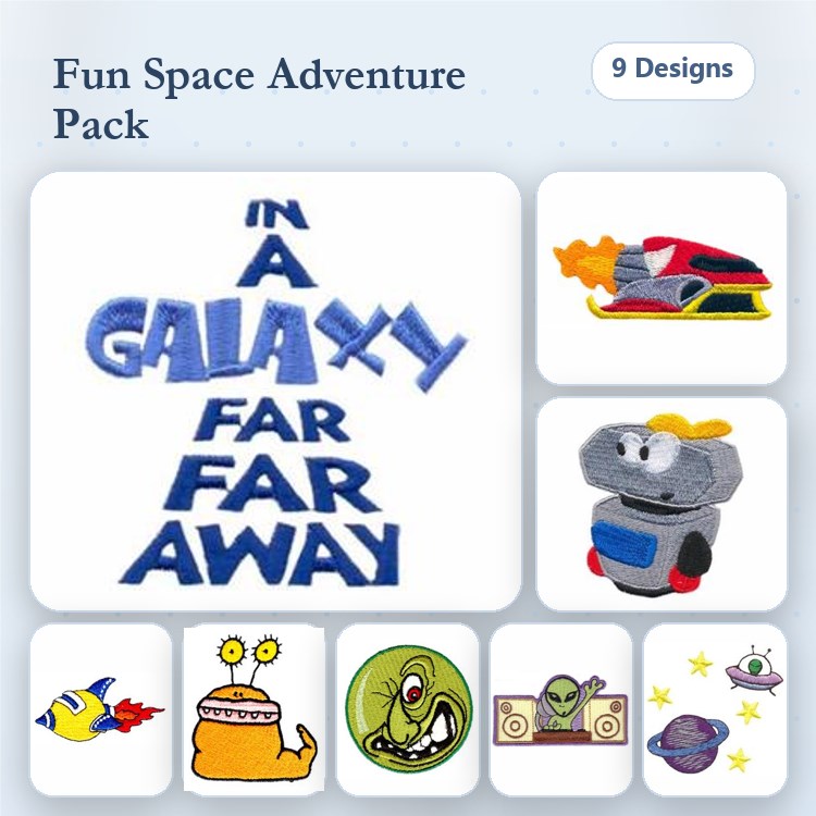 Space Adventure Embroidery Designs Bundle – Galactic Phrase, Rocket Ship, Alien Monster & More (9 Designs)