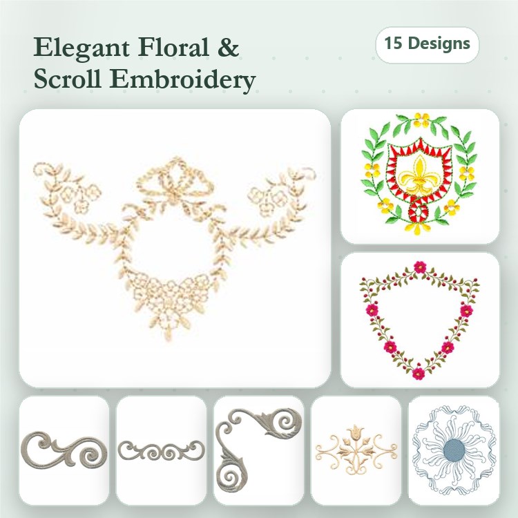 Elegant Floral & Scroll Embroidery Designs Bundle – Floral Wreath with Bow, Shield Floral Emblem & More (15 Designs)