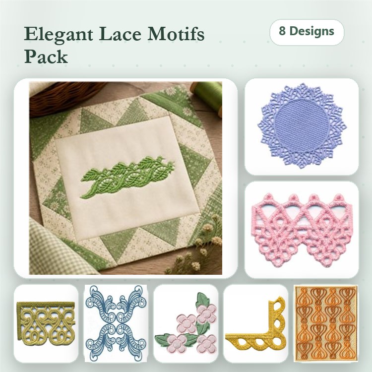 FSL Elegant Lace Embroidery Bundle – Leaf Lace Motif, Round Lace Motif, Pink Lace Trim & More (8 Designs)