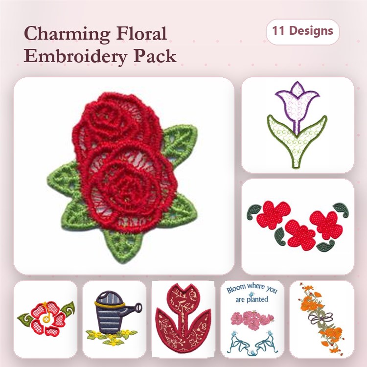 FSL Floral Embroidery Designs Bundle – Red Rose, Tulip, Watering Can & More (11 Designs)