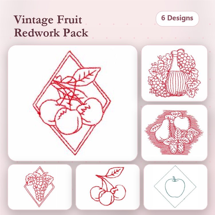 Redwork Vintage Fruit Embroidery Bundle – Cherry Cluster, Grapes, Pumpkin & More (6 Designs)