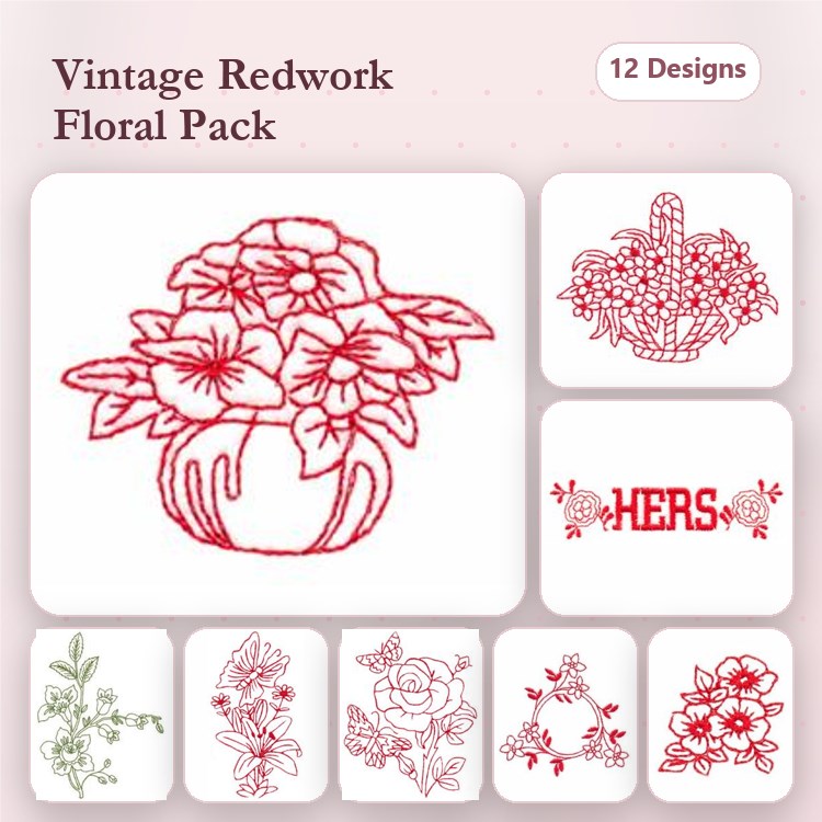 Redwork Vintage Floral Embroidery Designs Bundle – Floral Pot Arrangement, Heart Bouquet & More (12 Designs)