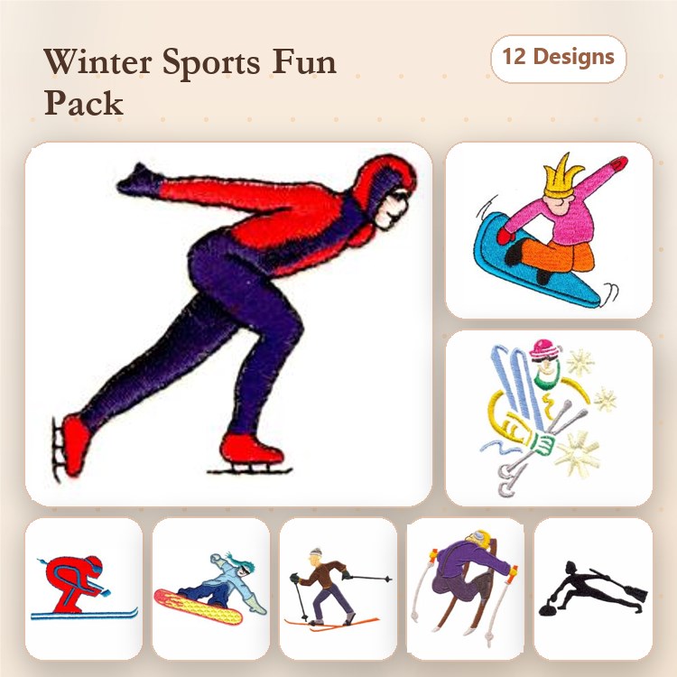 Winter Sports Activities Embroidery Designs Bundle – Speed Skater, Skiing Girl, Snowboarder & More (12 Designs)