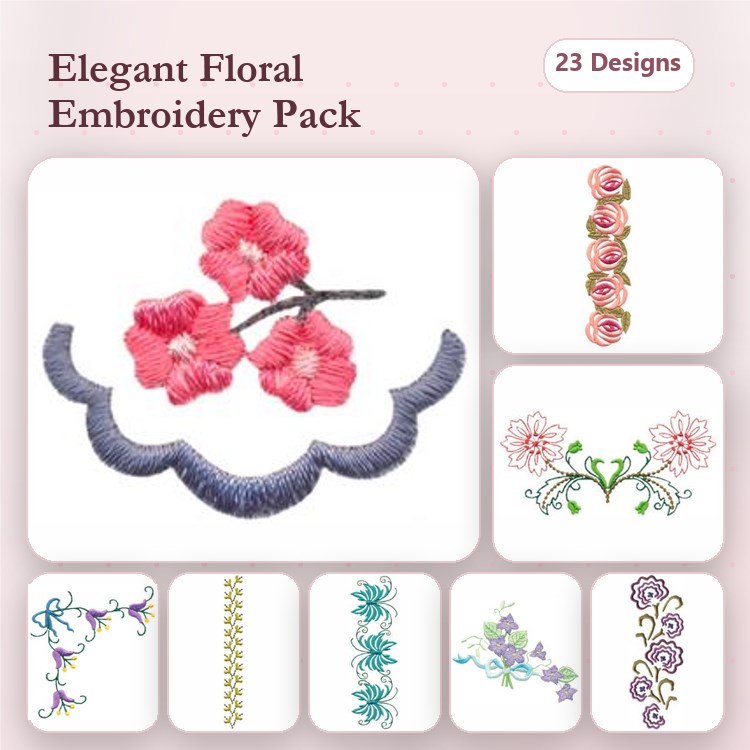 Elegant Floral Embroidery Designs Bundle – Flower with Branch, Scalloped Edge, Rose Border & More (23 Designs)