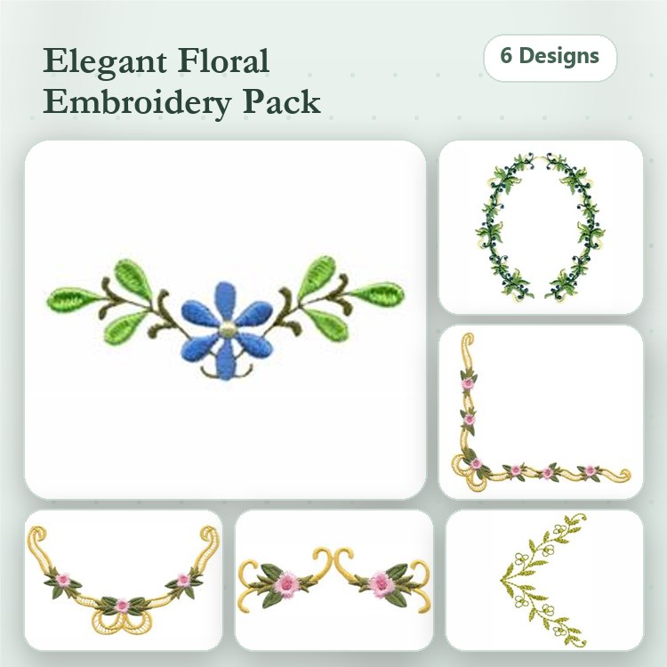 Floral Embellishments Embroidery Bundle – Blue Floral Accent, Green Floral Wreath, Floral Border with Pink Flowers & More (6 Designs)