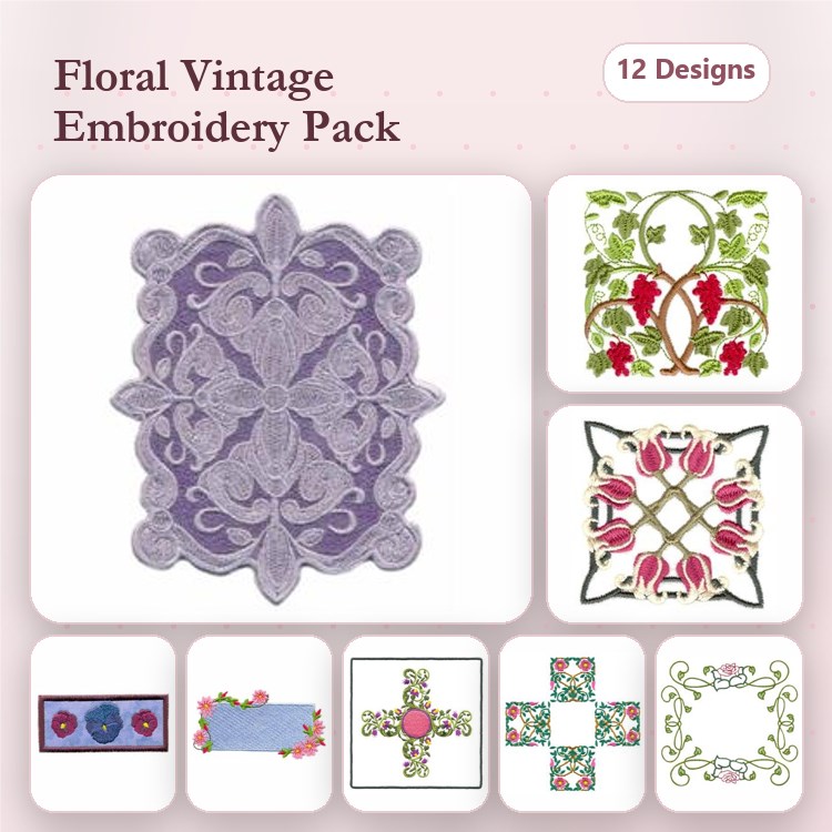 Floral Vintage Embroidery Bundle – Rose Vine, Floral Centerpiece, Elegant Floral Motif & More (12 Designs)