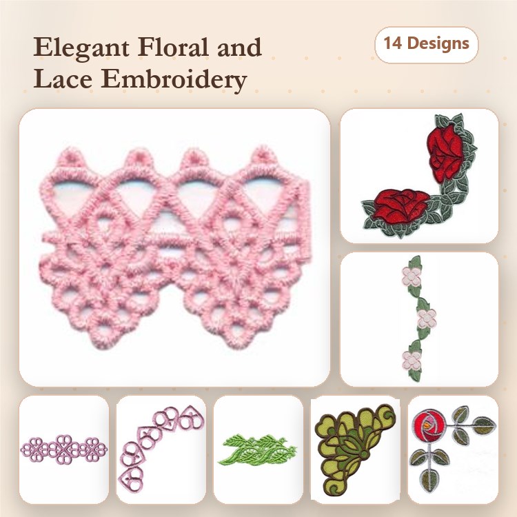 FSL Elegant Floral & Lace Embroidery Bundle – Lace Flower, Rose with Stem, Floral Vine & More (14 Designs)