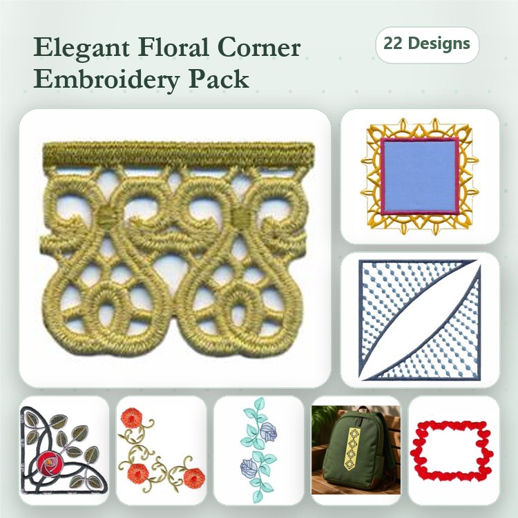 Floral Embellishments Embroidery Designs Bundle – Elegant Floral Corner, Lace Corner, Square Frame & More (22 Designs)