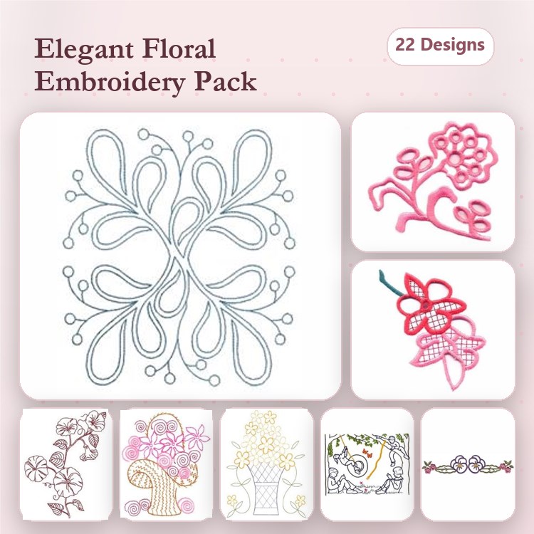 Redwork Elegant Floral Embroidery Bundle – Floral Swirl, Flower Bouquet, Tulip Design & More (22 Designs)