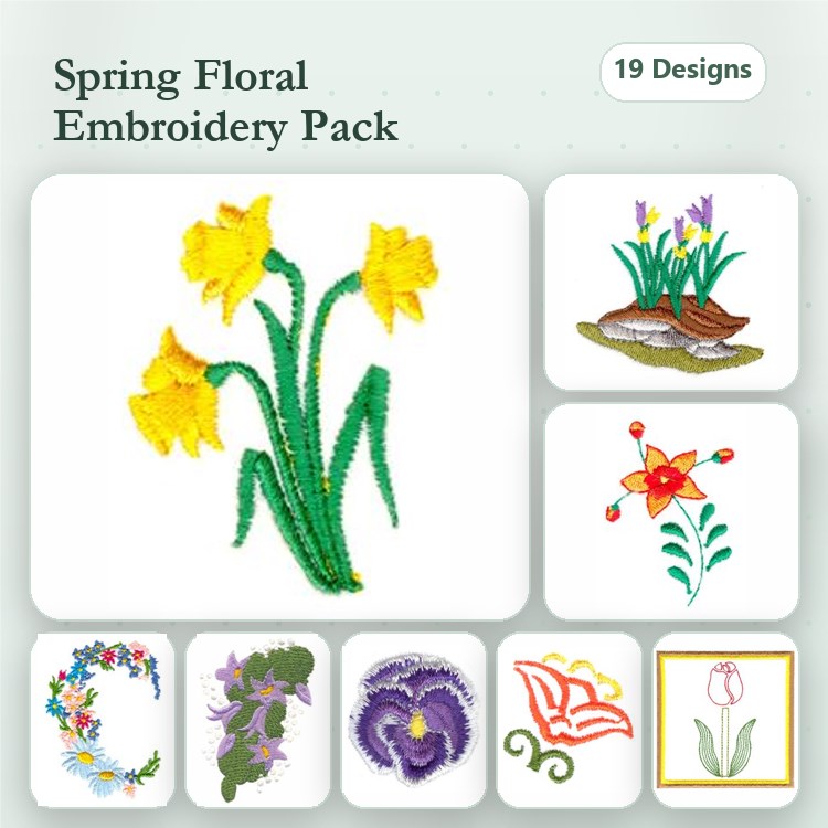 Spring Floral Embroidery Designs Bundle – Daffodil Bouquet, Iris, Tulip & More (19 Designs)
