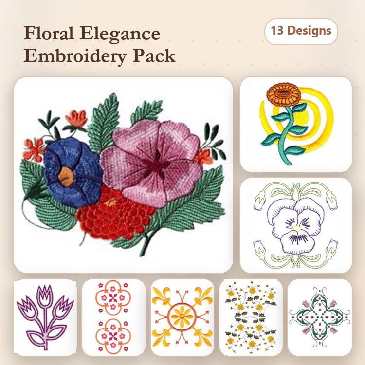 Floral Embroidery Designs Bundle – Pansy, Hibiscus, Daisy, Tulip & More (13 Designs)