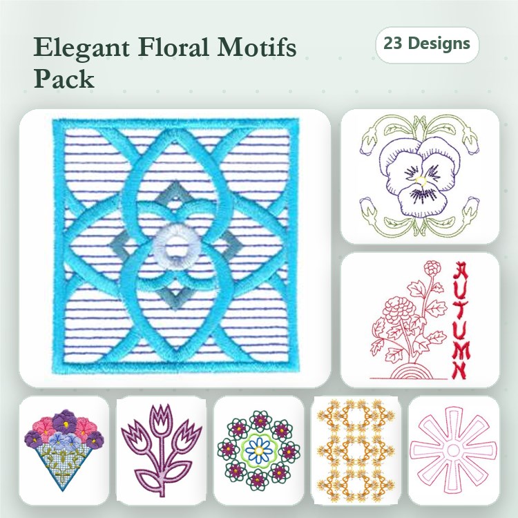 Elegant Floral Motifs Embroidery Designs Bundle – Pansy Flower, Flower Bouquet, Tulip & More (23 Designs)