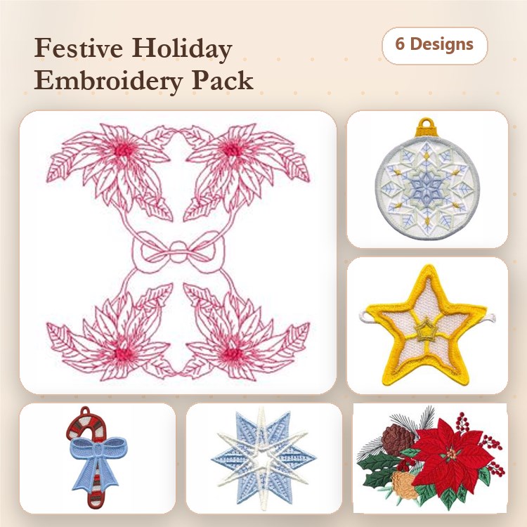 Holiday Embroidery Bundle – Poinsettia with Bow, Ornament, Star & More (6 Designs)
