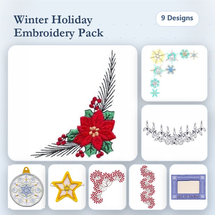Winter Holiday Embroidery Designs Bundle – Poinsettia with Pine, Snowflake Ornament, Star Ornament & More (9 Designs)