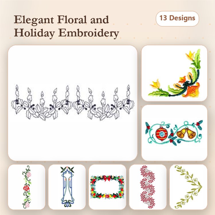 Floral and Holiday Embroidery Bundle – Candle Border, Hanging Ornaments, Floral Corner with Leaves & More (13 Designs)