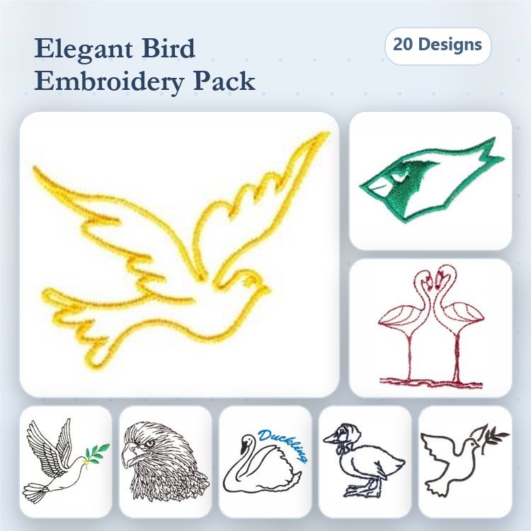 Redwork Elegant Birds Embroidery Designs Bundle – Flying Bird, Flamingos, Swan & More (20 Designs)