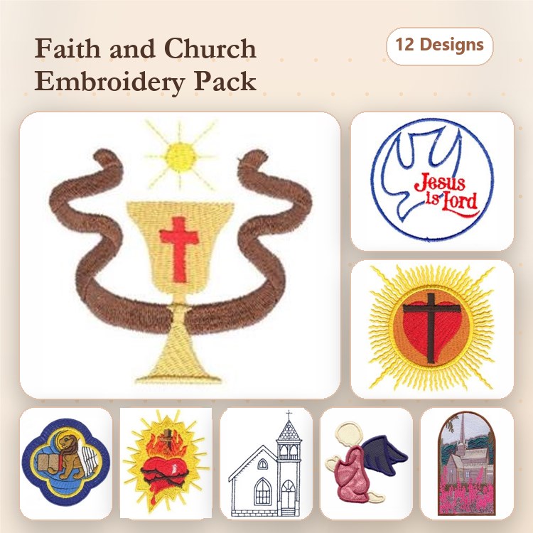 Faith & Church Embroidery Designs Bundle – Chalice with Cross, Dove, Jesus is Lord & More (12 Designs)