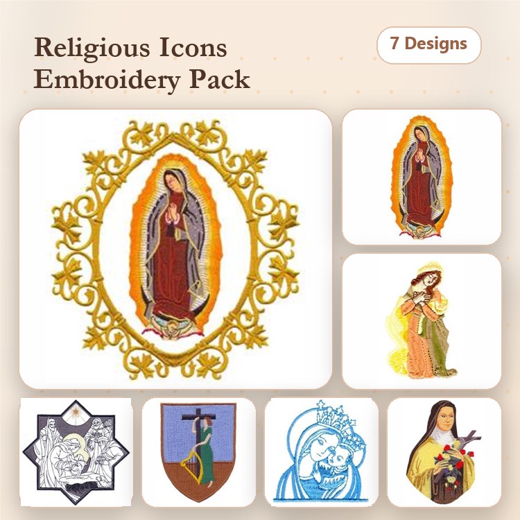 Religious Icons Embroidery Designs Bundle – Our Lady of Guadalupe, Saint Michael, Madonna and Child & More (7 Designs)