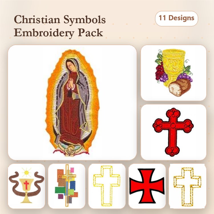Christian Symbols Embroidery Bundle – Virgin Mary, Red Cross, Grape and Bread & More (11 Designs)