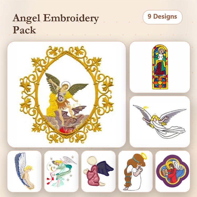 Angel-Themed Embroidery Designs Bundle – Cherub with Flowers, Stained Glass Angel, Flying Angel & More (9 Designs)