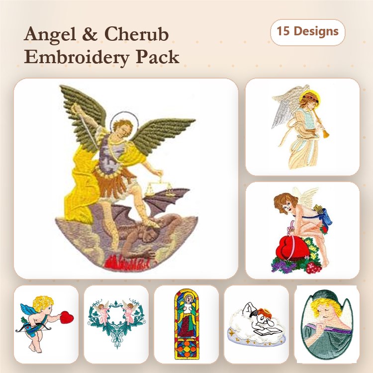 Angels and Cherubs Embroidery Designs Bundle – Angel Praying, Cherub with Heart, Angel with Sword & More (15 Designs)