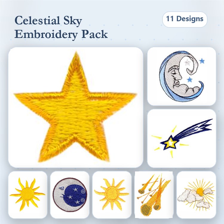 Celestial Themes Embroidery Designs Bundle – Star, Moon with Face, Shooting Star & More (11 Designs)