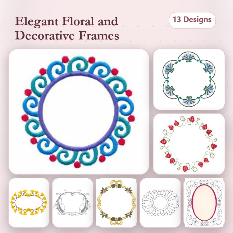 Floral Embellishments Embroidery Designs Bundle – Floral Frame with Scrolls, Ornate Floral Frame, & More (13 Designs)