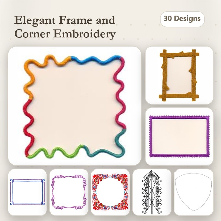 Rippled Frame Embroidery Designs Bundle – Colorful Wavy Frame, Floral Frame, Elegant Corner Design & More (30 Designs)