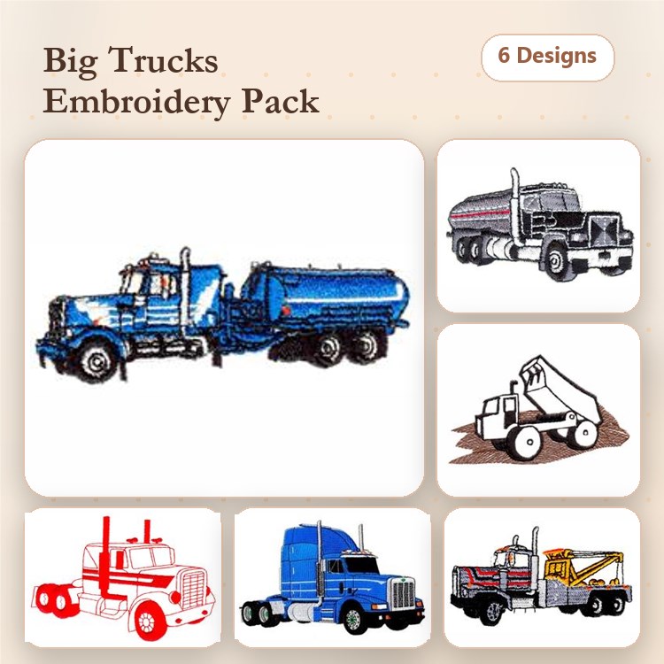 Big Trucks Embroidery Designs Bundle – Fuel Truck, Dump Truck, Tow Truck & More (6 Designs)