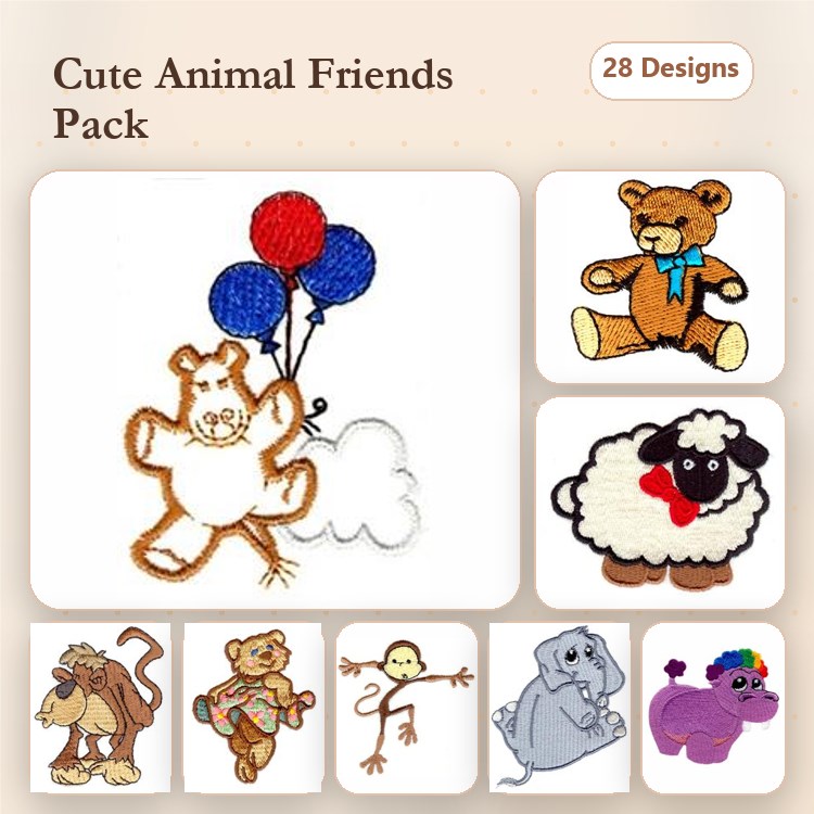 Cute Animal Embroidery Designs Bundle – Teddy Bear, Lion, Monkey, Elephant & More (28 Designs)