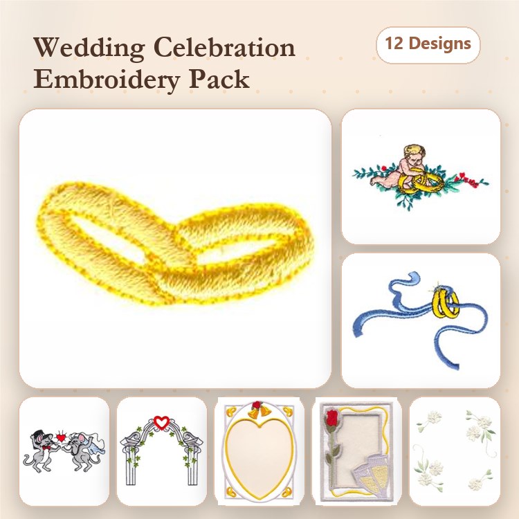 Wedding Embroidery Designs Bundle – Wedding Rings, Bride with Bouquet, Decorative Bow & More (12 Designs)