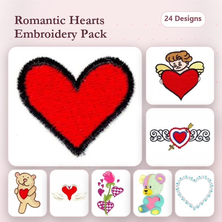 Romantic Hearts Embroidery Designs Bundle – Red Heart, Angel with Heart, Teddy Bear Holding Heart & More (24 Designs)