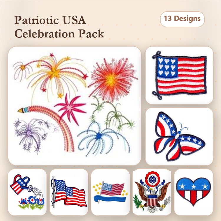 Patriotic USA Celebration Embroidery Designs Bundle – Fireworks Burst, Eagle Emblem, USA Celebration Banner & More (13 Designs)