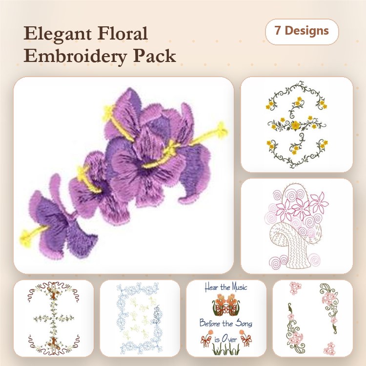Elegant Floral Embroidery Bundle – Purple Orchid, Floral Alphabet, Daisy Vine & More (7 Designs)