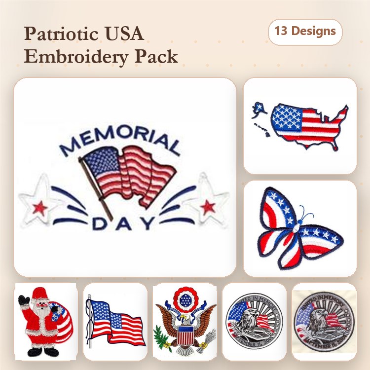 Patriotic USA Theme Embroidery Designs Bundle – USA Flag, Memorial Day Banner, Eagle & More (13 Designs)