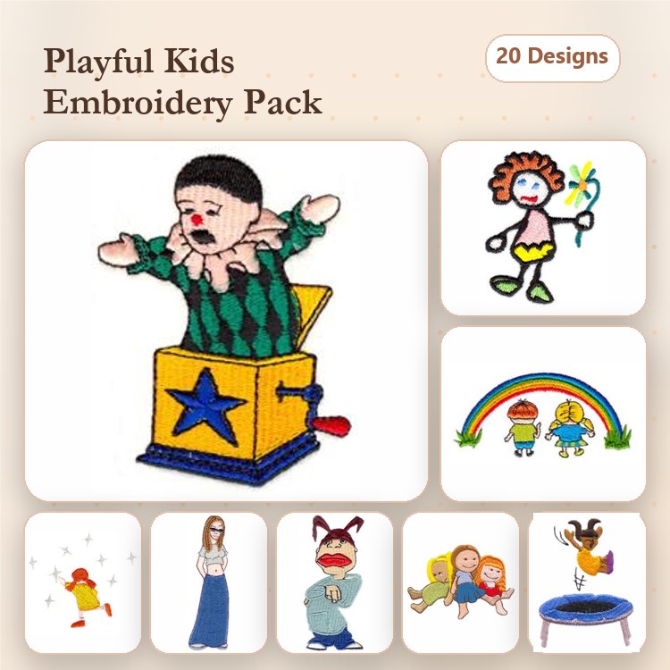 Playful Children Themes Embroidery Designs Bundle – Jack in the Box, Girl with Wand, Rainbow & More (20 Designs)