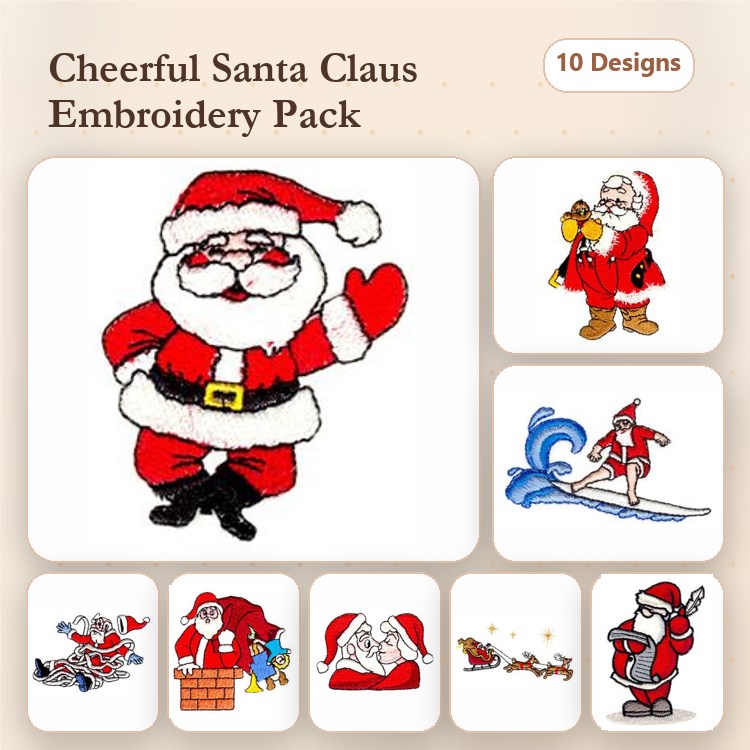 Cheerful Santa Claus Embroidery Designs Bundle – Waving Hand, Bag, Surfing & More (10 Designs)