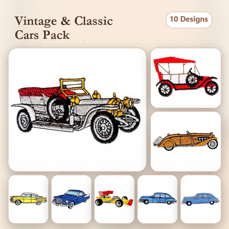 Classic Car Embroidery Designs Bundle – Vintage Car with Red Seats, Classic Red Convertible, Orange Sports Car & More (10 Designs)