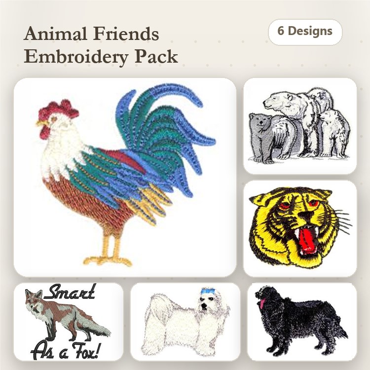 Animal Embroidery Bundle – Bear, Tiger, Fox & More (6 Designs)
